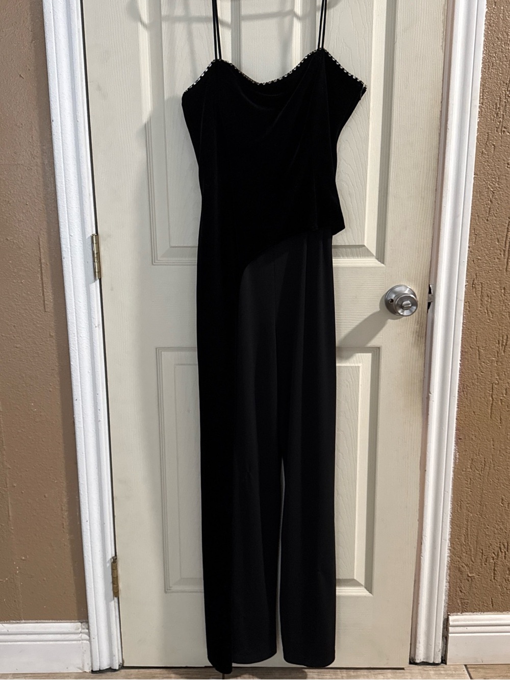 Betsy & Adam Black Velvet One-Shoulder Jumpsuit with Beaded Neckline